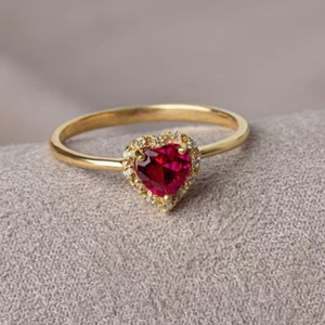 1.50 Ct Heart Shape Red Ruby Halo Wedding Engagement Ring 14K Yellow Gold Finish - Picture 1 of 9
