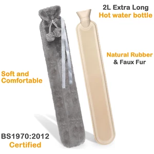 Long Hot Water Bottle With Fluffy Cover 2 Litre Extra Long Grey - 76cm - Picture 1 of 7