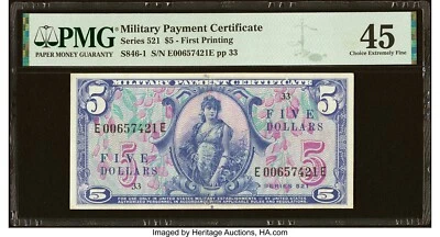 US MPC Military Payment Certificate 5 Dollars Note Series 521  PMG 45 - Image 1 of 2