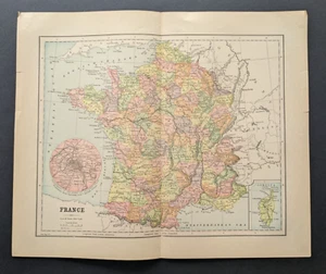 Antique Original 1890 FRANCE Hunt & Eaton Colored Map 13x11 ~ Fisk & Co. - Picture 1 of 7