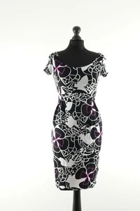 Piu & Shift Dress 38 Black Purple Patterned Knee Length short Sleeve With - Picture 1 of 5