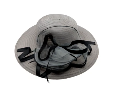 VTG Swan Hat New York Grey Bow Tulle Wide Brim Net Derby Wedding Church ON14 - Image 1 of 4