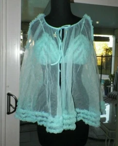 VINTAGE WOMAN'S PASTEL TURQUOISE SHEER NYLON BABY DOLL NIGHTIE JACKET BRA TOP S - Picture 1 of 12