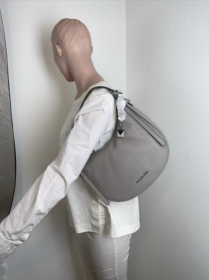 Michael Kors Hobo Shoulder Bag Pearl Grey Leather Medium Cassie Handbag