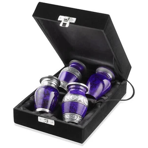 Set of 4 Cremation Urns, Silver Purple Keepsake with Velvet Case - Picture 1 of 1