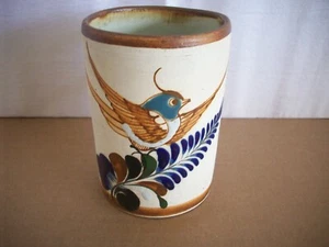 Vintage, Mexikanischer Tonala Sandstein Keramik Becher Emaille Blau Vogel Mazatlan, Signiert - Bild 1 von 7