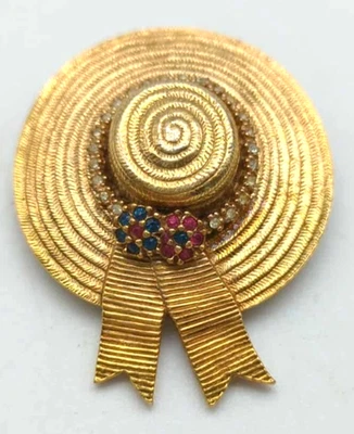 Broche prendedor vintage firmado Ciner tono dorado estrás floral paja sombrero sol Foto 1 de 4