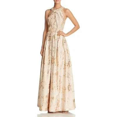 ELIZA J Gold Champagne Metallic Floral Jacquard Embellished Maxi Gown Dress 10 - Image 1 of 4