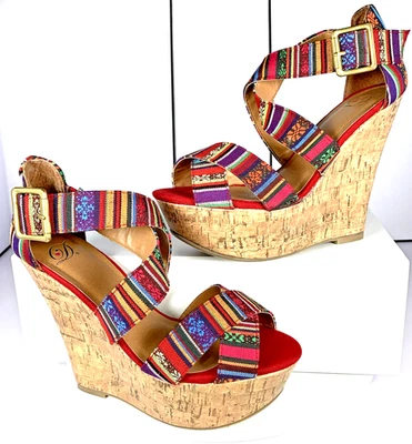 Sandalia Deliciosa Mujer Hall Roja Multi Guatemalteca Plataforma Cuña Boho Tirantes, 9 Foto 1 de 4
