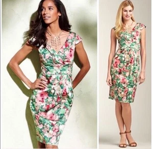 Talbots Sz 10 Dress Empire Waist V Neck Surplice Green Pink Fairy Floral Print - Picture 1 of 13