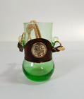 Vntg Blown Green Glass Leather Hands Free Cocktail Beer Tumbler Lanyard w/Image