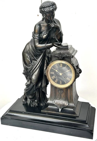 Antique French Slate Mantel Clock 8-Day Classical Striking Gilt Spelter Figural Cover