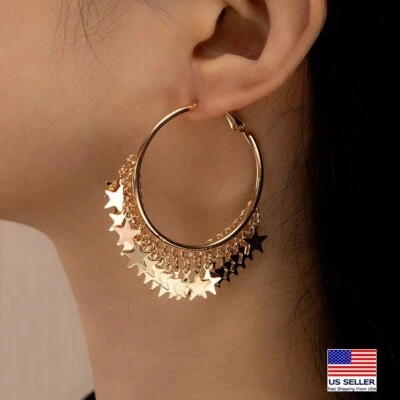 Fashion Women Jewelry Earrings Retro Hoop Circle 3D Stars Tassel Style 1716 - Image 1 of 4