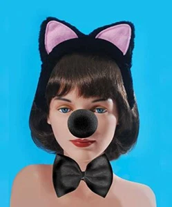 NEGRO COÑO GATO DIADEMA OREJAS ESPUMA NARIZ Y CORBATA CONJUNTO Kit Arco Animal Máscara Adulto Niño - Imagen 1 de 2