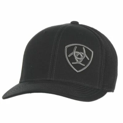 Ariat 男式黑色带灰色刺绣标志网眼按扣帽 — 第 1/2 张图片