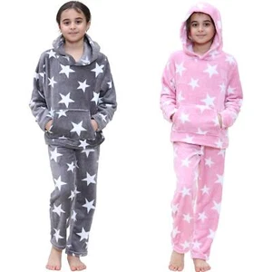 Kids Girls Stars Print Pyjama Extra Soft Loungewear Flannel Fleece PJS Set - Picture 1 of 13