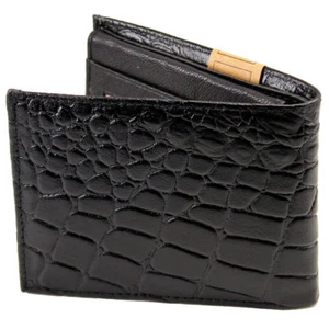 BLACK CROC PRINT EMBOSS LEATHER BIFOLD FLAP TOP CARD MEN'S WALLET - Picture 1 of 6