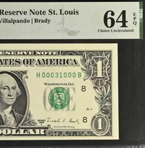 1988A $1 Federal Reserve Note PMG 64EPQ - Birthday Fancy Serial Number 00031000 - Picture 1 of 3
