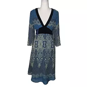 Chutney Mary Size 12 Boho Blue Long Sleeve Bell Sleeve Velvet Dress - Picture 1 of 7