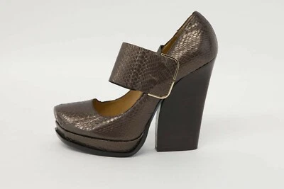 全新无标签 $1450 Lanvin 金属色蛇皮皮革粗跟 Mary Janes 40.5/ 10.5 US — 第 1/4 张图片
