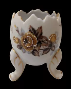 Vtg Inarco Easter Egg Porcelain Footed Vase Planter HP Brown Flowers Gold Trim - Picture 1 of 13