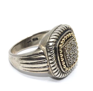 Sterling Silver & 14k Gold Diamond Square Statement Ring Sz 7 - Picture 1 of 11