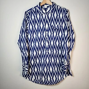 J CREW Shirt Womens Medium Navy White Diamond Argyl Blouse Tunic Long Beachy Y2K - Picture 1 of 13