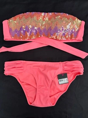 Victoria's Secret Bikini~Sequin Bandeau~Neon Peach Knockout Cheeky Bottoms~S/XS - Image 1 of 4
