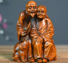 ZQ18- 12 * 9 * 7.5 CM Hand Carved Boxwood Carving: Sweet Old Couple Sculpture