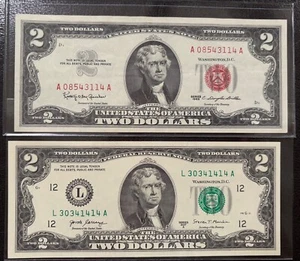 Lot of 2 - TWO DOLLAR $2 bills - 1963 Red Seal & 2017A Green Seal - Great Condition - Bild 1 von 6