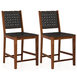 Woven Bar Stools Set of 2 Counter Height Dining Chairs Faux PU Leather Kitchen - Picture 1 of 8