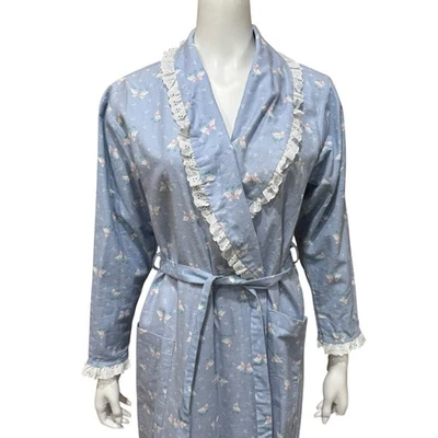 Vintage Lanz of Salzburg Wrap Flannel Cotton Robe Women's Small Blue White NWT - Image 1 of 4