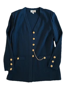 De Colección St. John Verde azulado acento dorado con cadena cárdigan pantalón falda conjunto tejido **LEER** - Imagen 1 de 10