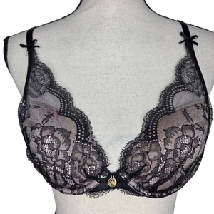 Chantelle Bra 34B Demi Plunge Underwire Padded Nude Black Lace Overlay - Picture 1 of 4