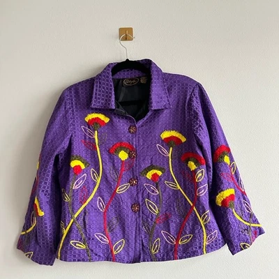 Vintage Alex Kim Purple Embroidered Jacket Floral, Boho, Artsy, Festival Size S - Image 1 of 4