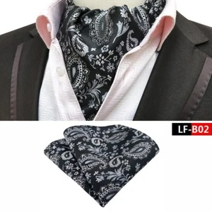 Classic Men's Ascot Cravat Tie Silk Paisley Gray Black Scarves Cravat Hanky Set - Picture 1 of 1