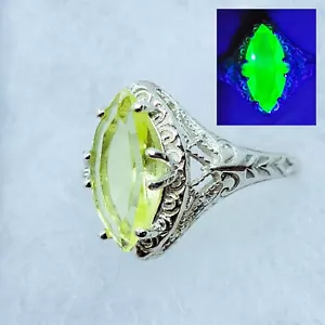 Sterling Vaseline Uranium Glass Ring Marquise Art Deco Filigree 925 Silver - Picture 1 of 8