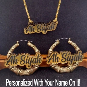 Custom Gold Bamboo Hoop Earrings & Name Necklace Jewelry Set Personalized Free - Picture 1 of 6