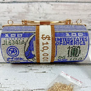 Novelty Rhinestone Crystal Money Clutch🆕 Evening Bag Purse Chain Strap NEW - Picture 1 of 6