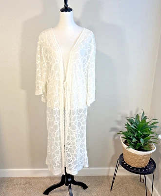 COCO+CARMEN Cream Lace Kimono Cover Up Floral Embroidered Boho S/M Resort - Image 1 of 4