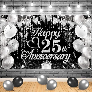 25Th Wedding Anniversary Decorations Black Silver Happy 25Th Anniversary Banner - Picture 1 of 12