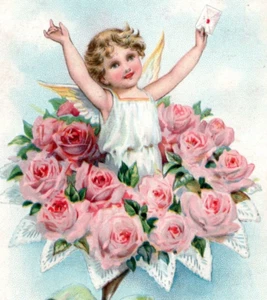 1907 Tucks Pink Roses Angel Cherub Hearts Message Valentine Greeting Postcard - Picture 1 of 3