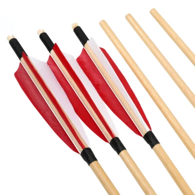 31" Wooden Arrows Handmade 5" Feather Archery Longbow Recurve Bow Tips Hunting - Image 1 of 4