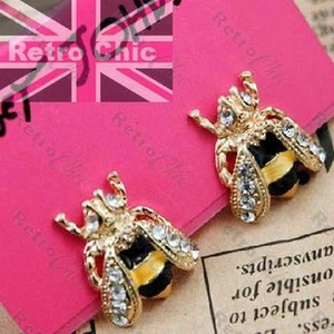 QUIRKY BEES insect STUD EARRINGS honey bee BLACK/GOLD enamel CRYSTAL WINGS bug