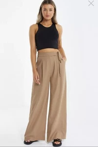 Quiz NWT Camel Stone High Waisted Wide Leg Trousers Tie Size 10 smart formal - Picture 1 of 10