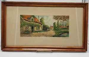G Darfeuil French Art Aquatint Cottage Signed Color Framed Matted Beautiful - Picture 1 of 11