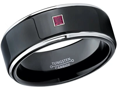 Anillo de boda de tungsteno escalonado negro de 0,05 quilates con corte princesa, 8 mm #118 Foto 1 de 2