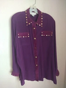 Vintage Diane Gilman Silk Top Size L Long Sleeve Button Up Purple Elegant Suede - Picture 1 of 7