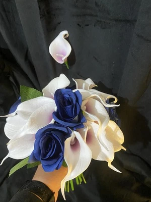 Real Touch White/Plum Mini Callas With Navy Blue Roses. With Matching Bout - Image 1 of 4