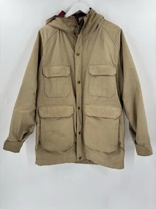 Woolrich Vintage Coat Mens Medium Beige Full Zip Wool Flannel Lined Pockets Hood - Picture 1 of 19